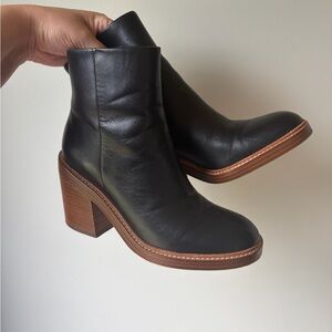 Marc Fisher Haleena Black Leather Heeled Ankle Boots with Brown Wood-Look Heel